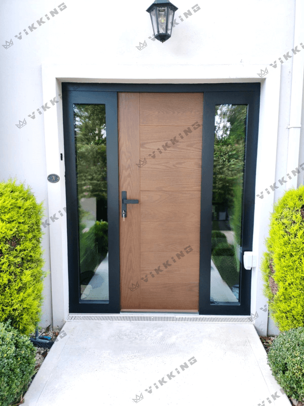 Exterior door with side windows on the right and left in walnut finish